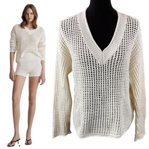 Madewell Open Stitch V-Neck Pullover Sweater Size L Cream Cotton